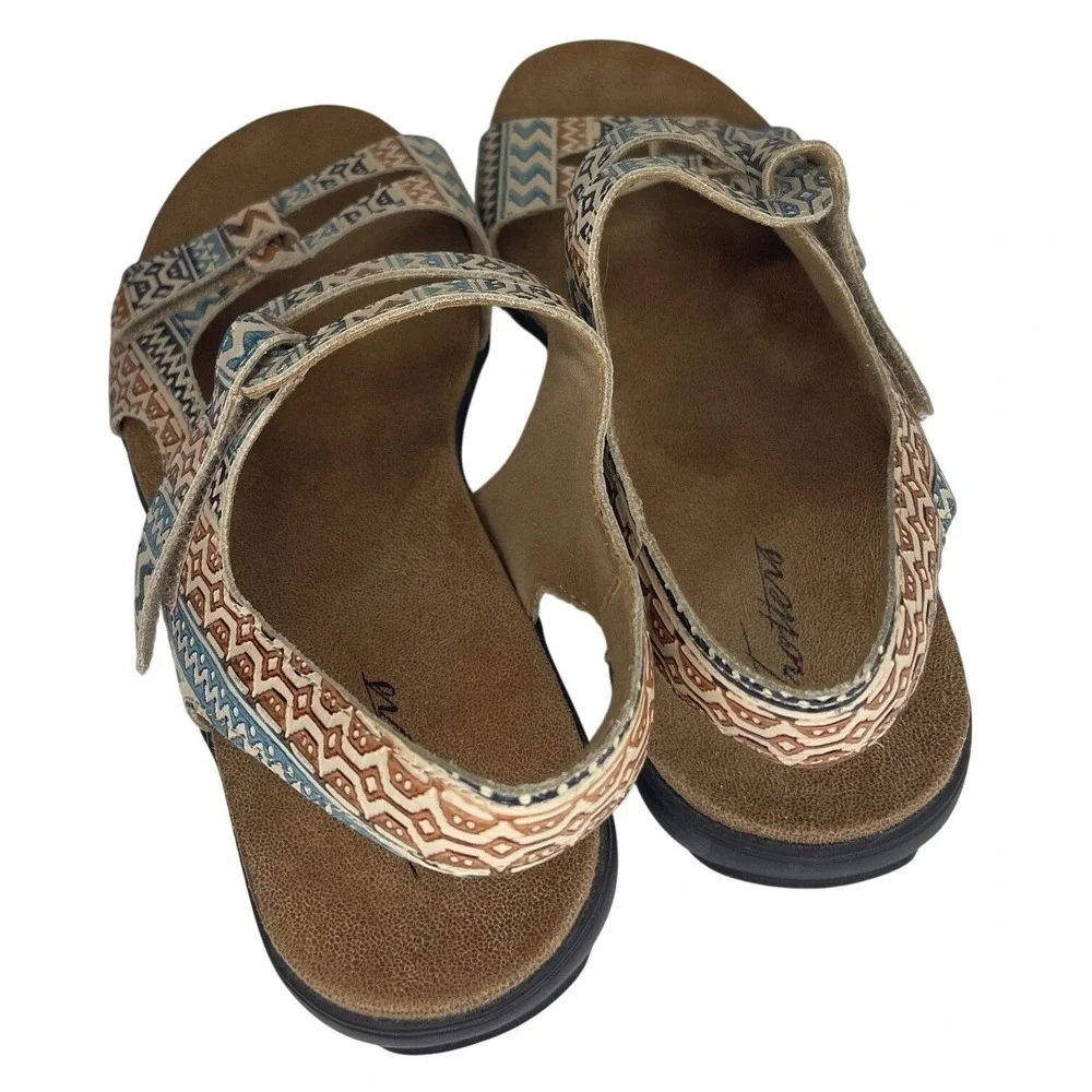 Trotters Womens Strappy Sandals Geometric Tribal Print Blue Tan Slingback 11M